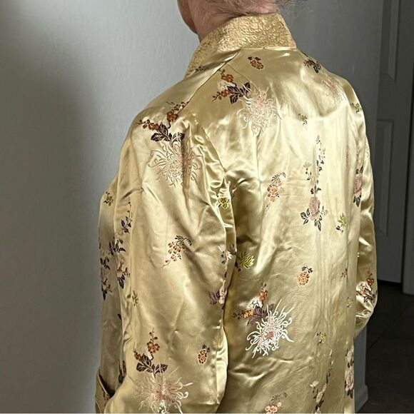 Silk Jacket Quilted Red Gold Boxy Split Hem 3/4 Sleeve Reversible Floral M - Picture 5 of 14